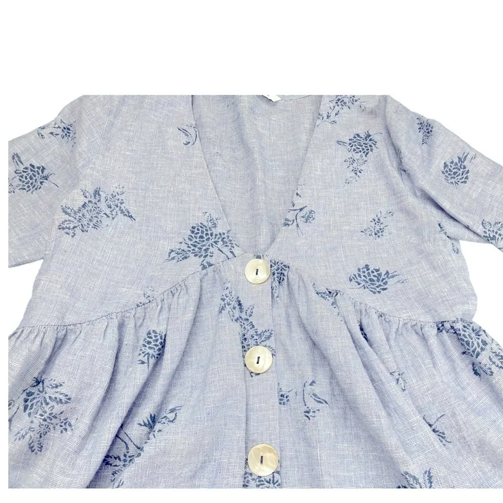 ZARA 100% cotton denim chambray bohemian smock peasant top with floral design - Picture 5 of 12